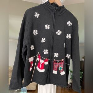 Cristal Kobe  women’s black knit Christmas sweater/ Cardigan size Large snowflak